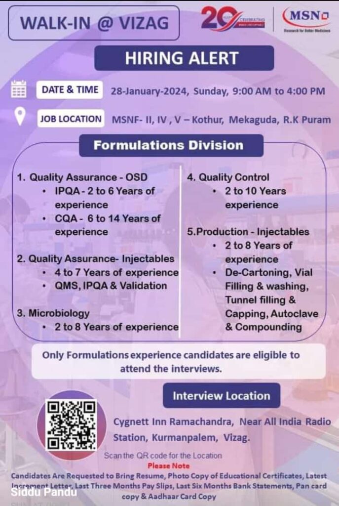 MSN Labs Walk-In Interview in Vizag - Career Pathway