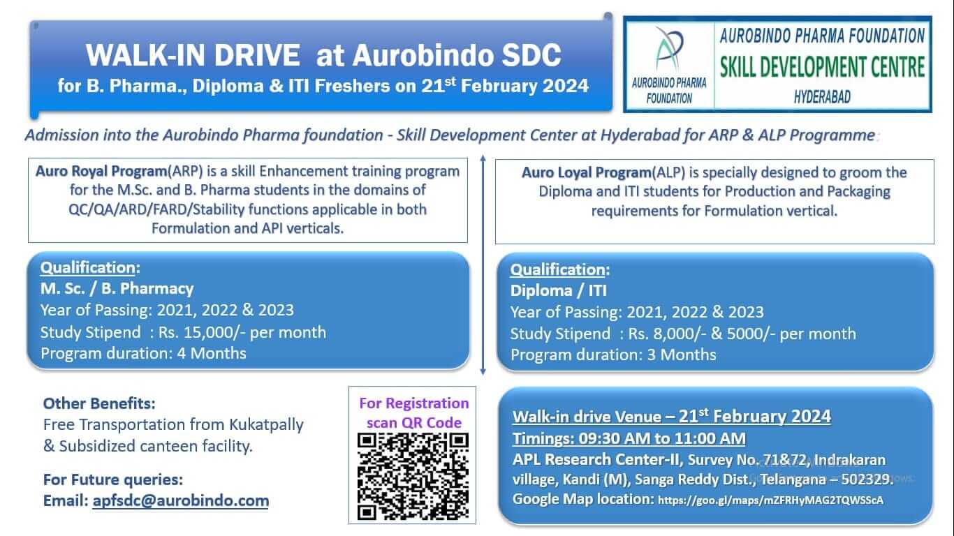 WALK-IN DRIVE At Aurobindo SDC For B. Pharma., Diploma & ITI Freshers ...