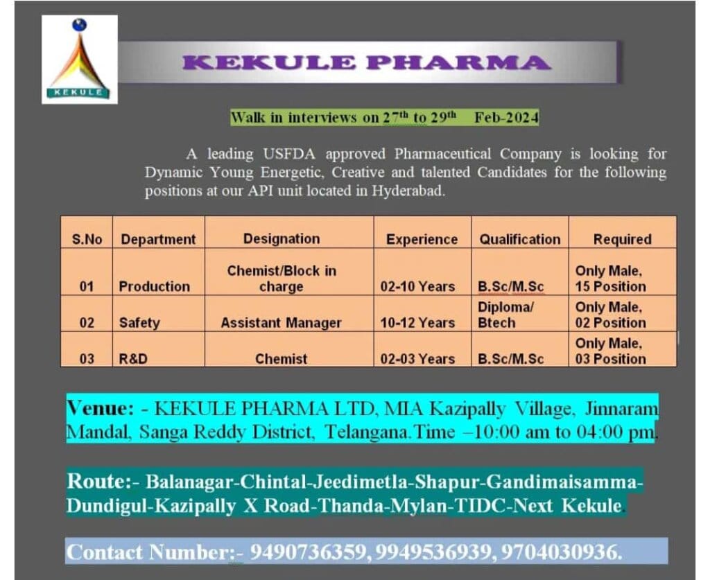 KEKULE PHARMA Walk-In Interviews