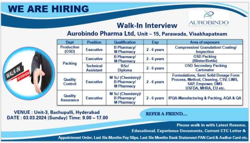 aurobindo Pharma Walkin interviews