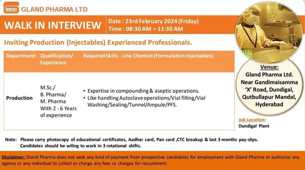 Gland Pharma Walk in interview