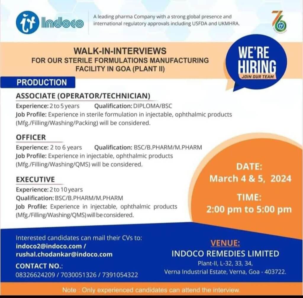 Indoco Remedies Hiring