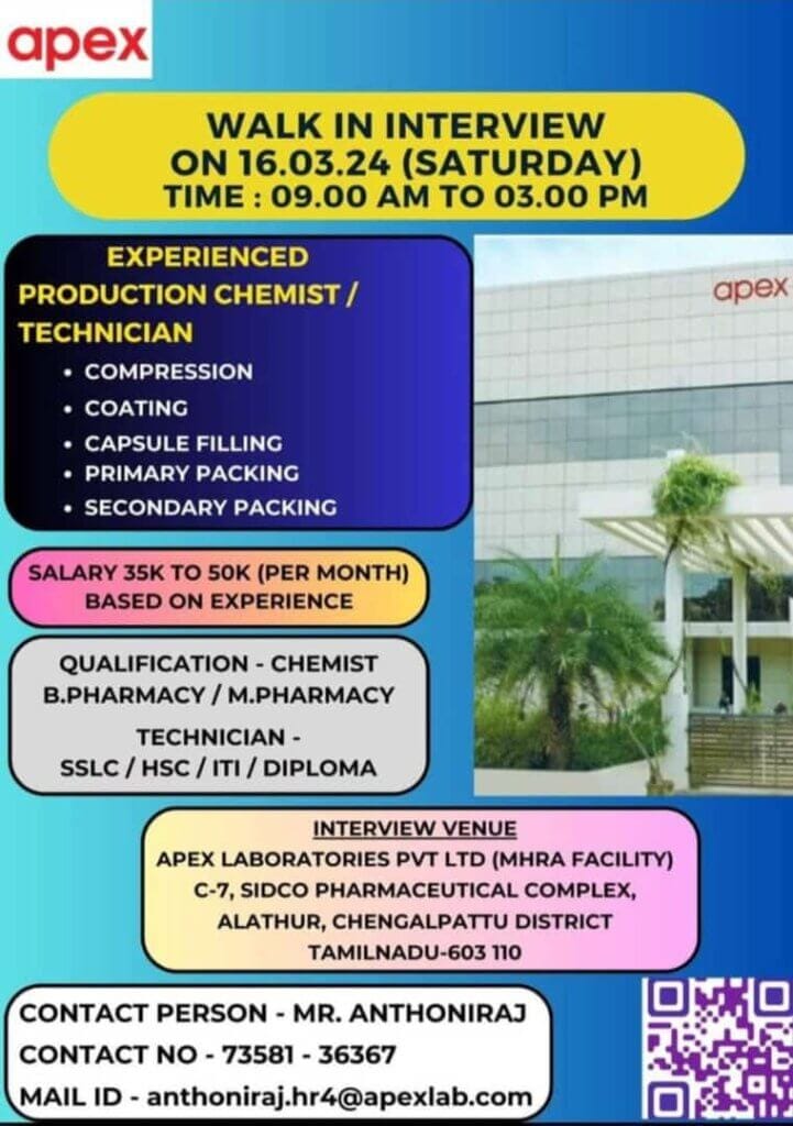 Apex Laboratories walk-in interview.