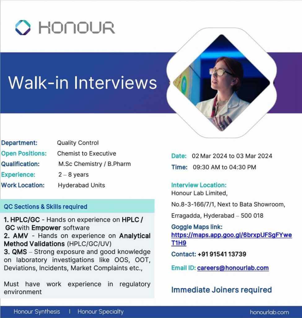 Walk in interview on 02-03-2024