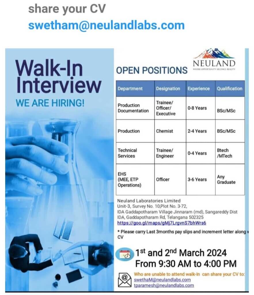 walk in interview on 03-03-24