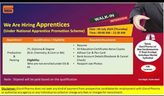 Gland Pharma Hiring Apprentices