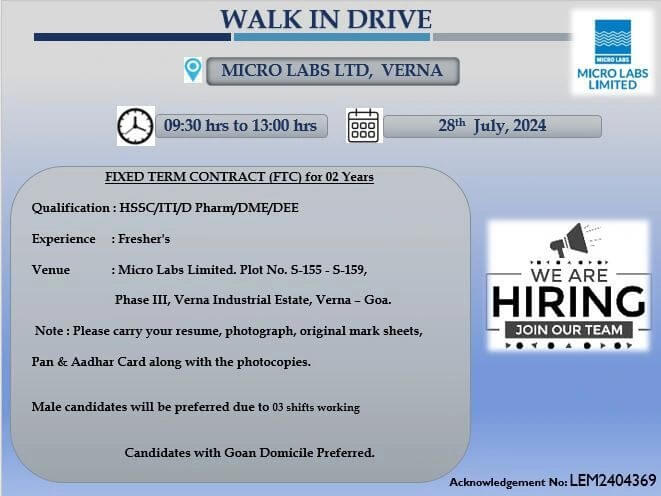 Micro Labs freshers Walk-In Drive 