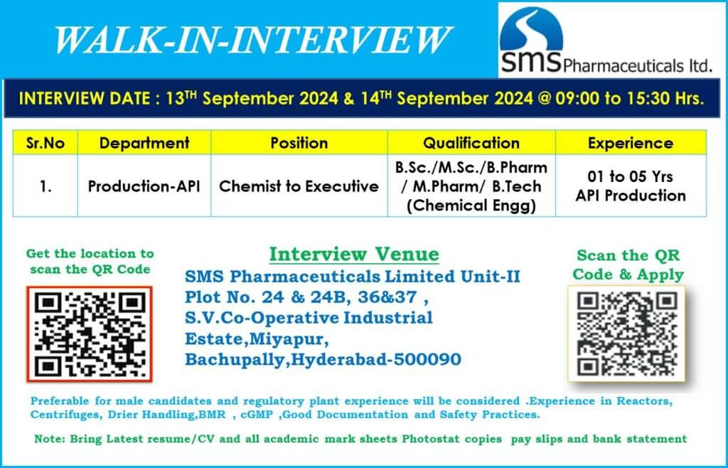 Walk-In Interview at SMS Pharmaceuticals Ltd.