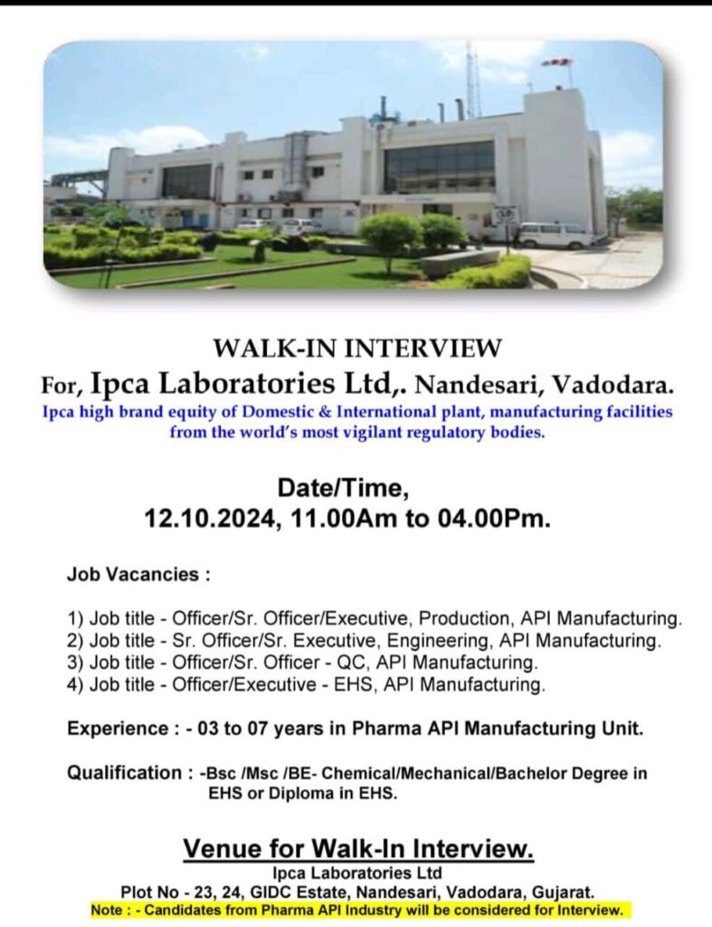 Walk-In Interview at Ipca Laboratories 