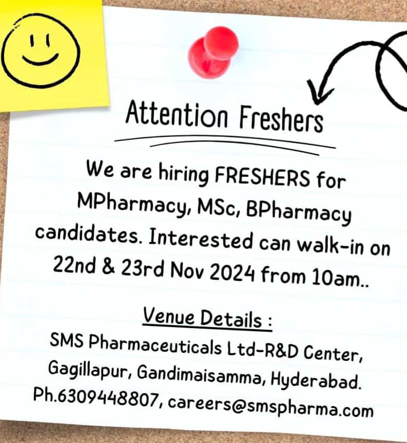 SMS Pharmaceuticals hiring freshers