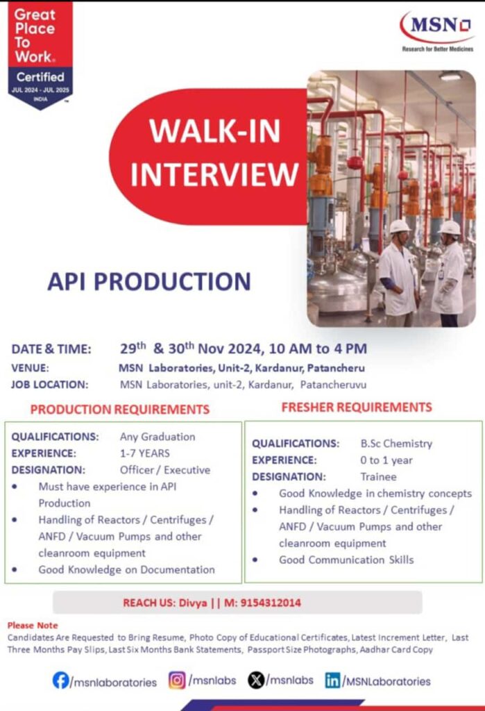 Walk-In Interview at MSN Laboratories