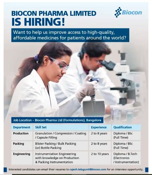 Biocon Pharma Hiring