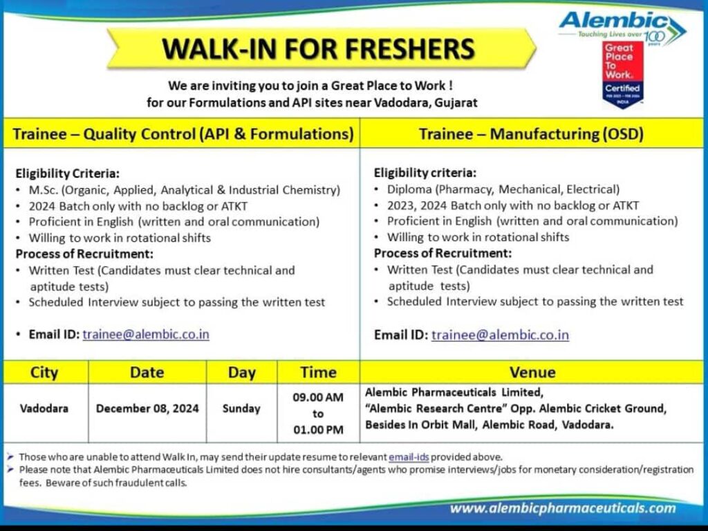 Alembic Pharmaceuticals Walk-In for Freshers 