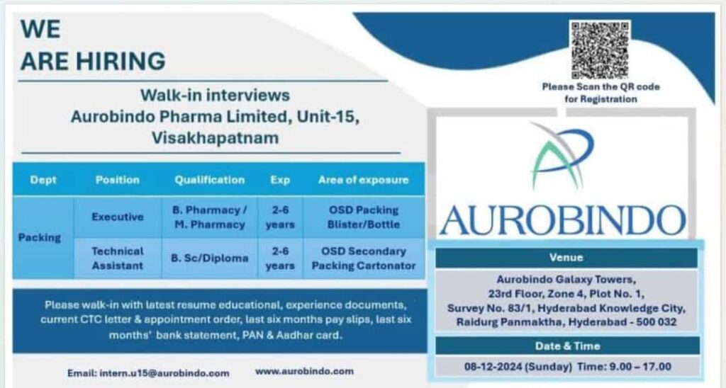 Aurobindo Pharma Walk-In Interviews