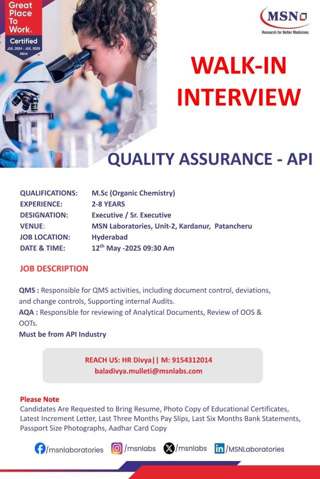 MSN Laboratories Walk-in Interview