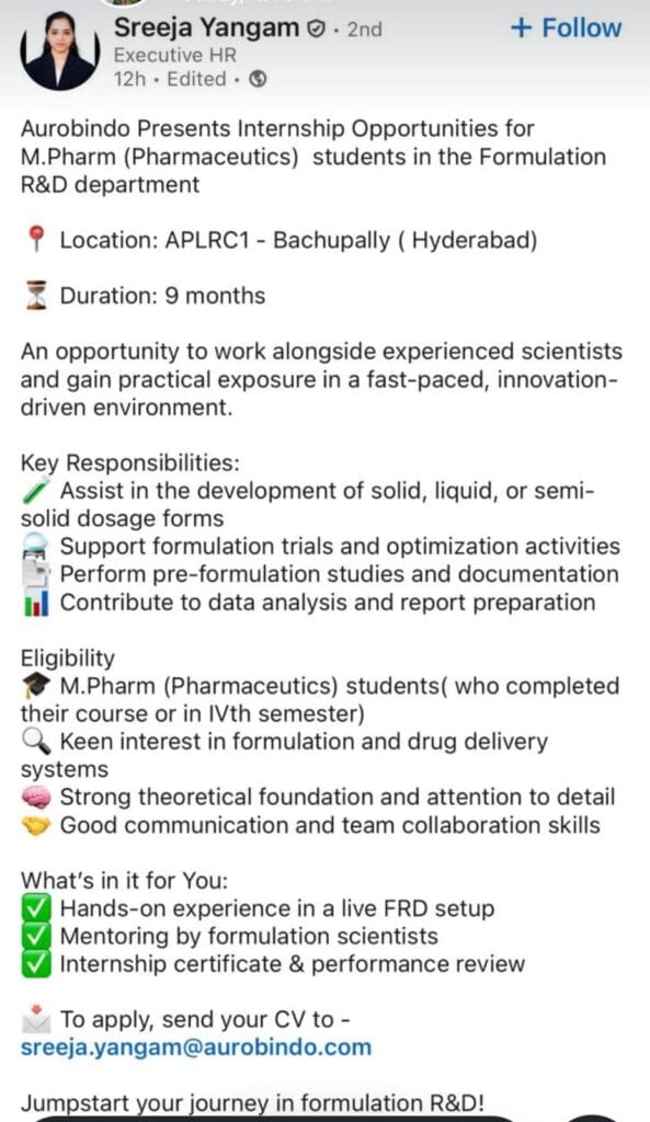 Aurobindo M.Pharm Internship