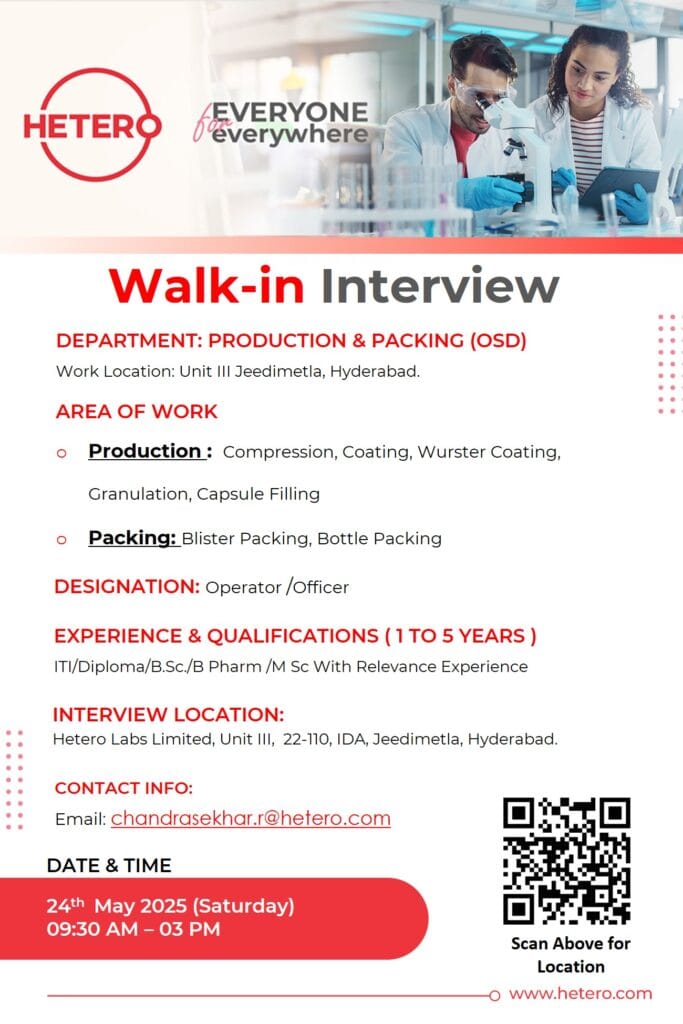 Hetero Labs Walk-in Interview