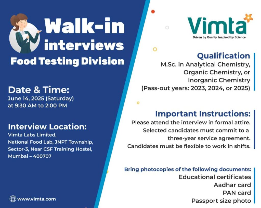 Walk-in Interviews at Vimta Labs