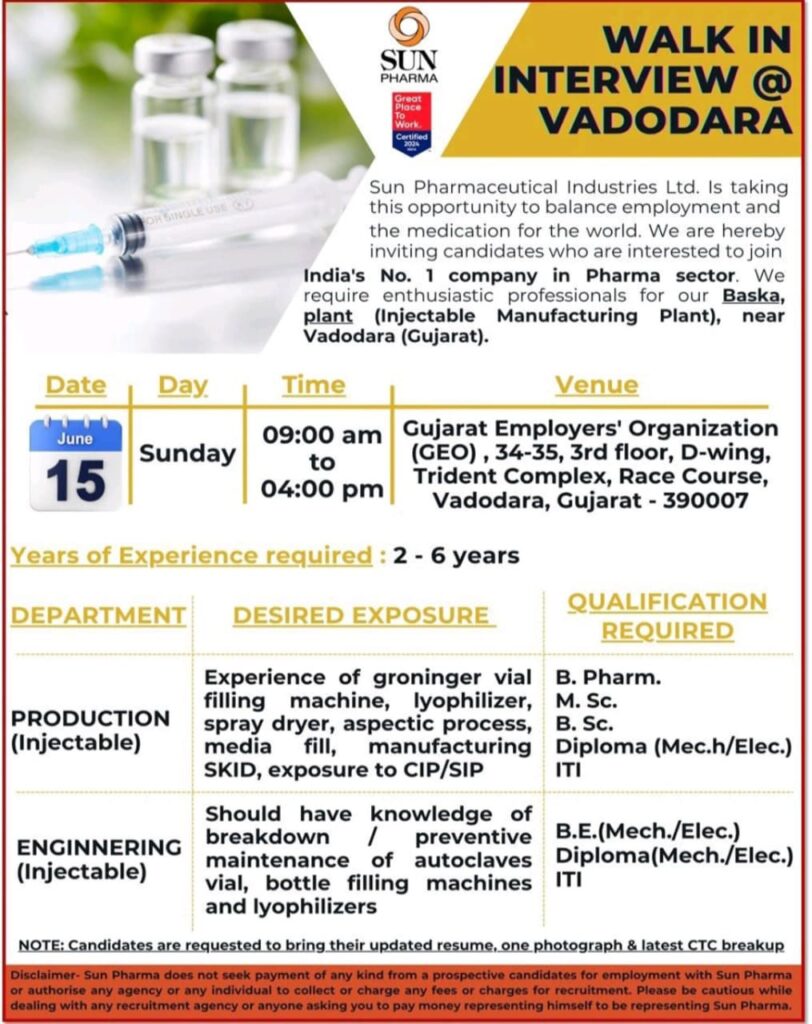 Sun Pharma Walk-In Interview