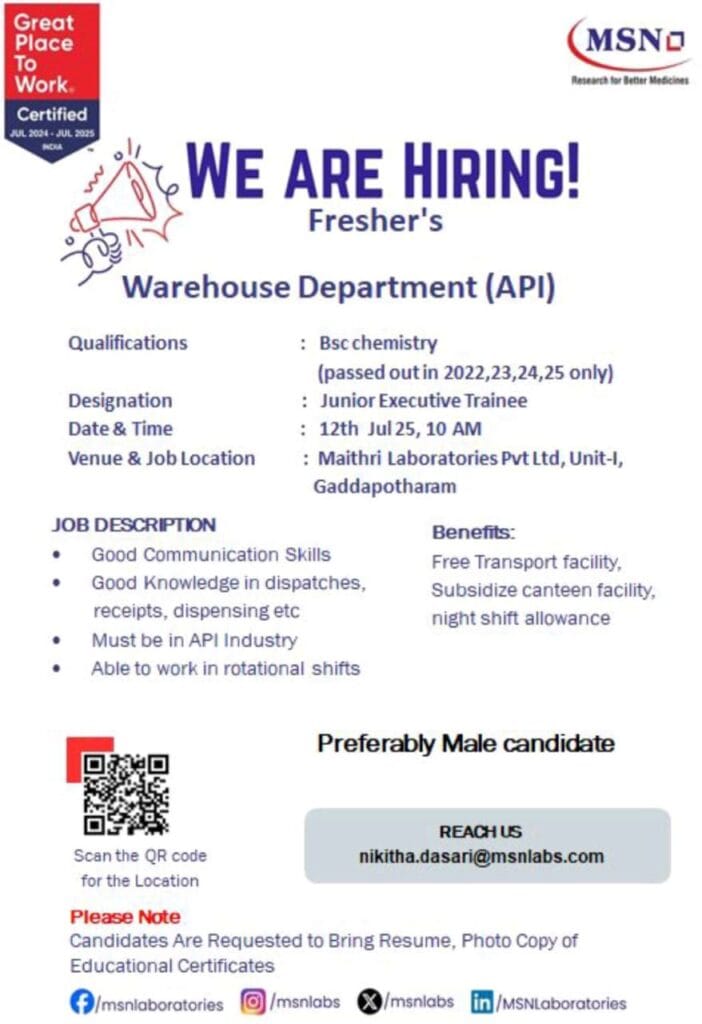 MSN Laboratories jobs Hyderabad