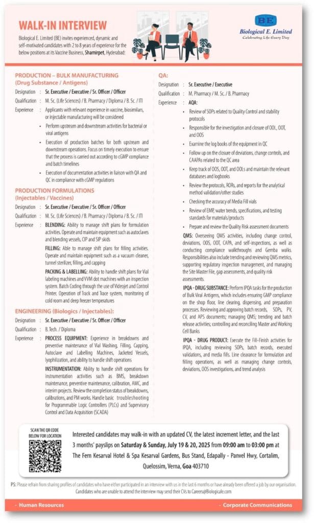 Biological E. Limited Walk-In Interview