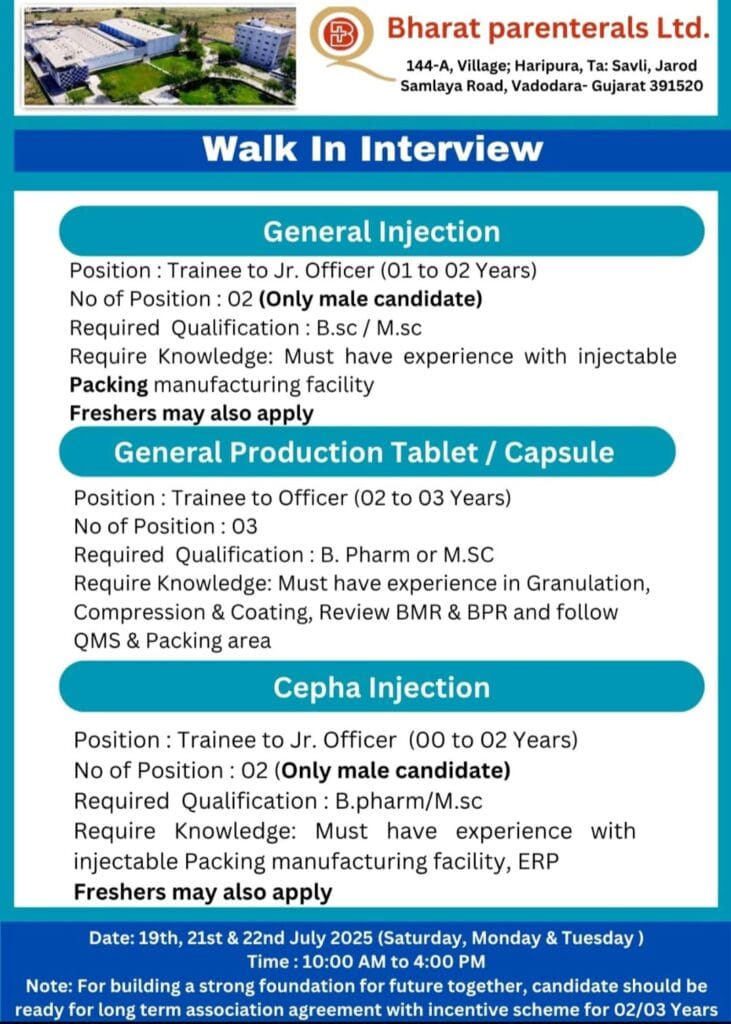 Bharat Parenterals Walk-In Interview 