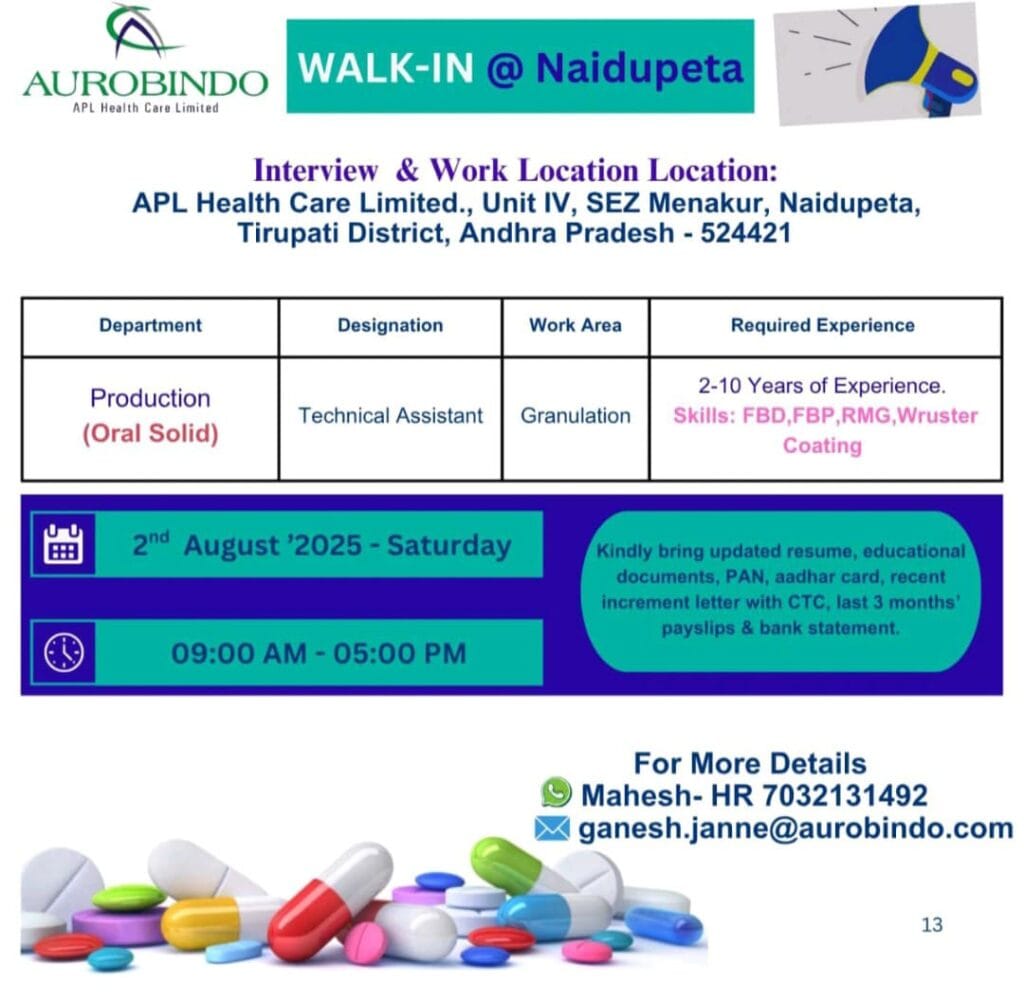 Pharma Jobs in Naidupeta for Granulation Experts