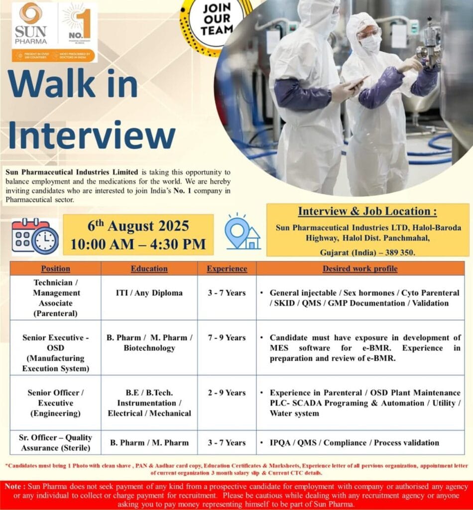 Walk-In Interview at Sun Pharma