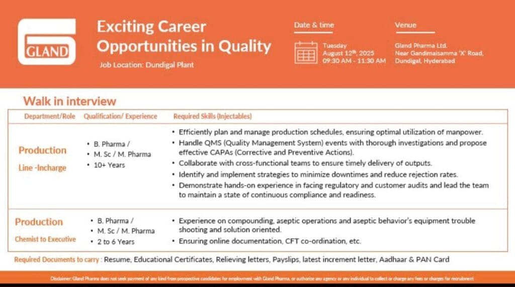 Gland Pharma Walk-In Interview