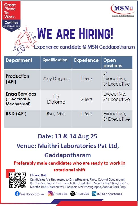 MSN Laboratories Jobs