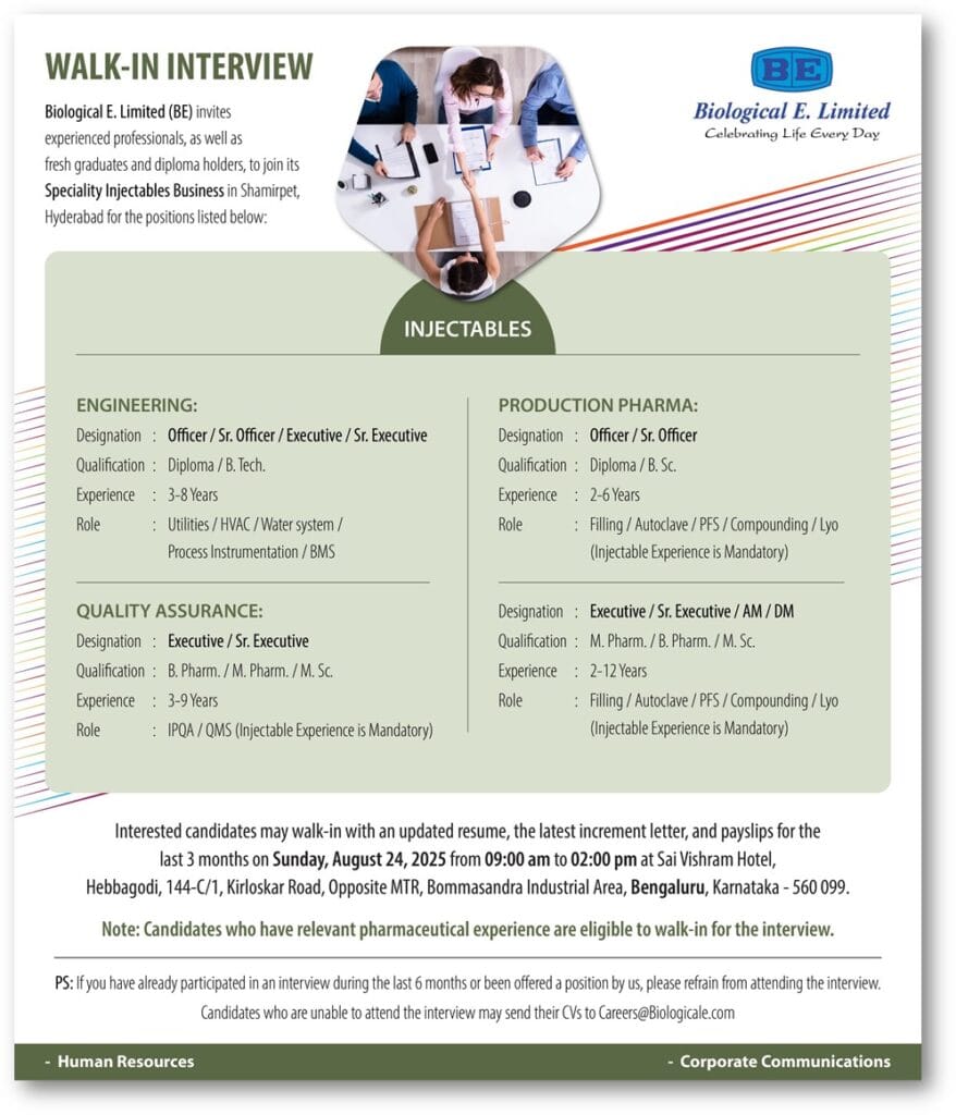 Biological E Limited Walk-In Interview