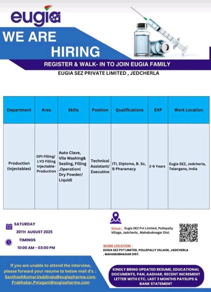 Eugia Pharma Walk-in Interview