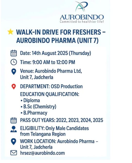 Aurobindo Pharma Jobs for Freshers
