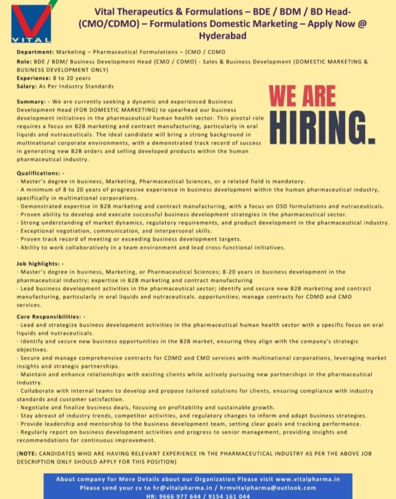 Vital Therapeutics & Formulations Hiring