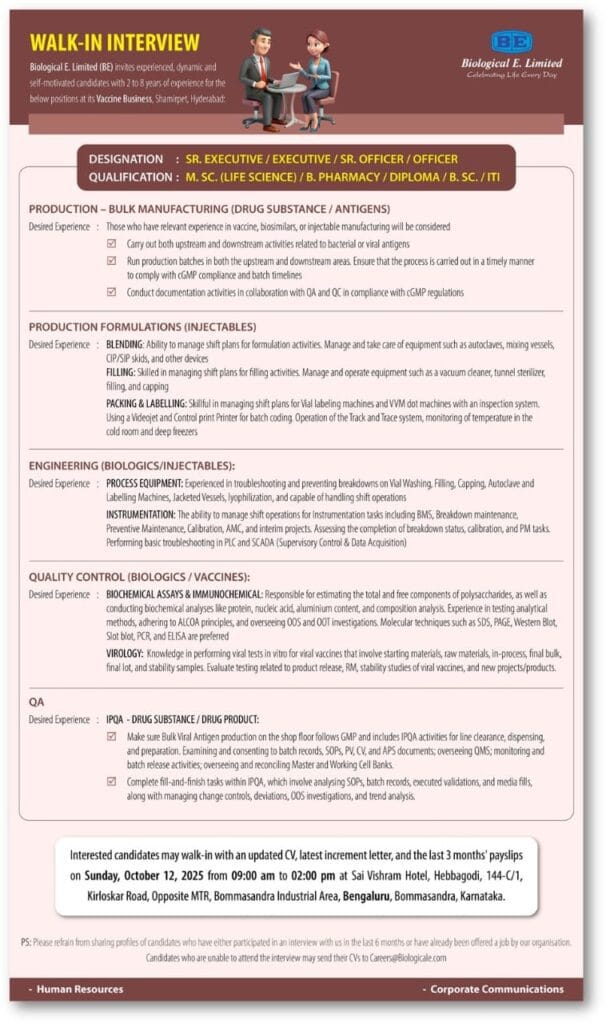 Biological E. Walk-in Interview 