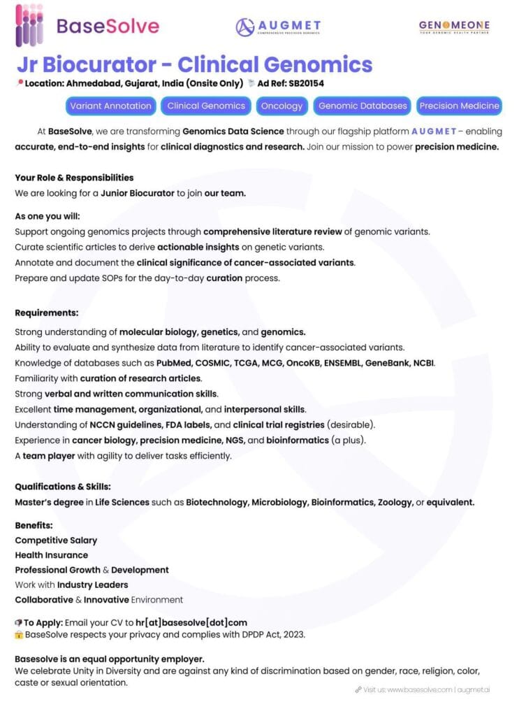 Clinical Genomics Job for Freshers