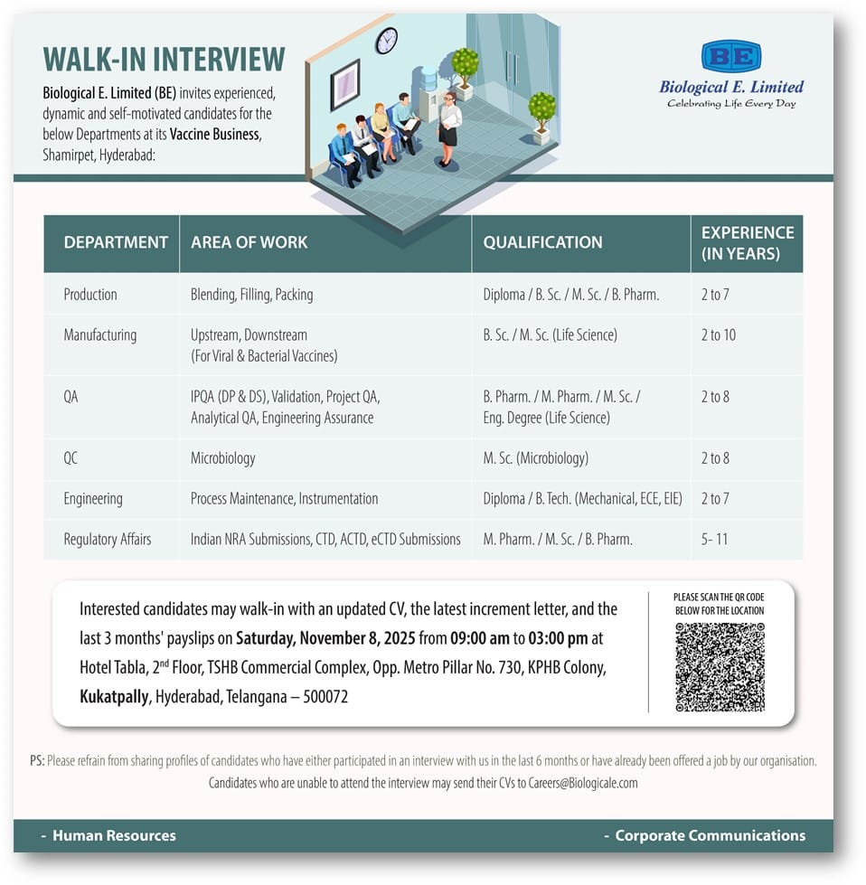 Biological E Limited walk-in interview