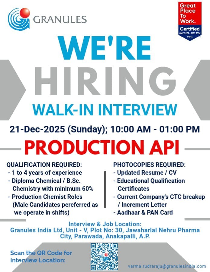 Granules India Walk-In Interview