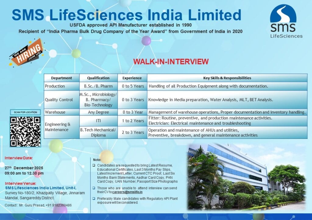 SMS Life Sciences Walk In Interview