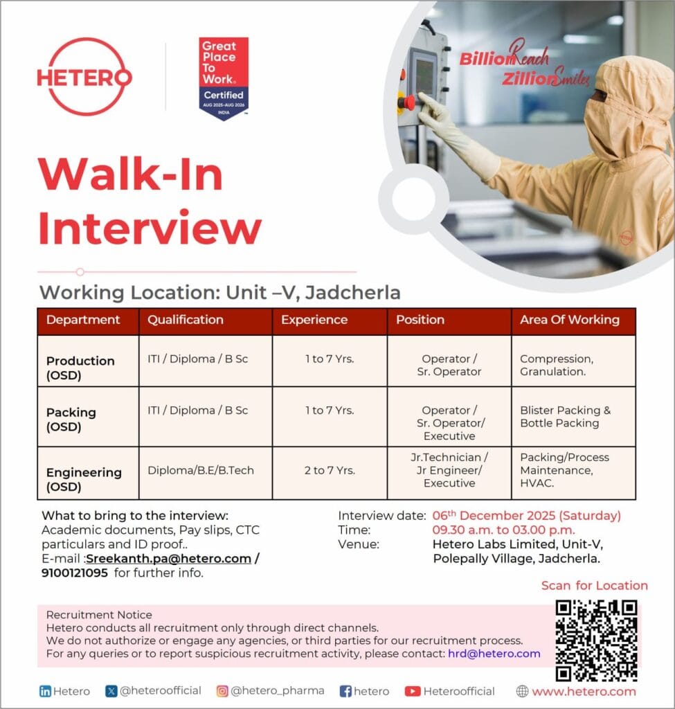 Hetero Labs Walk-In Interview on Dec 6th: Production, Packing & Engineering Jobs in Jadcherla