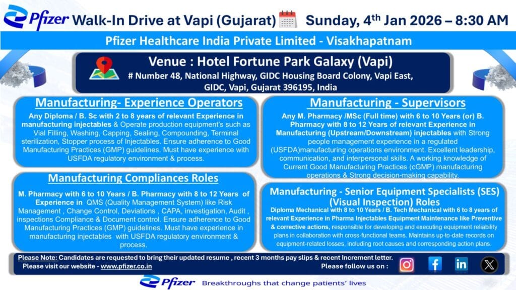 Pfizer walk in drive at Vapi Gujarat recruitment poster