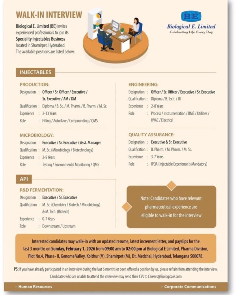 Biological E Limited Walk-In Interview