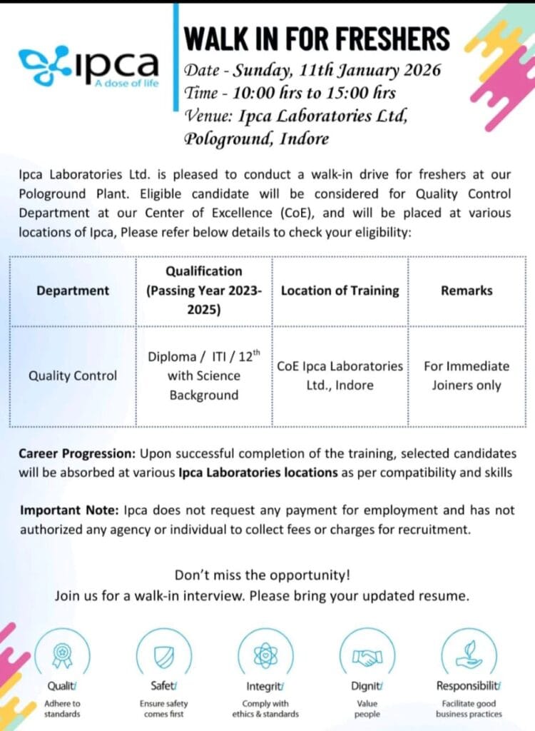 Walk in Fresher Jobs 2026 Complete Guide to IPCA Laboratories Walk-In for Freshers in Indore