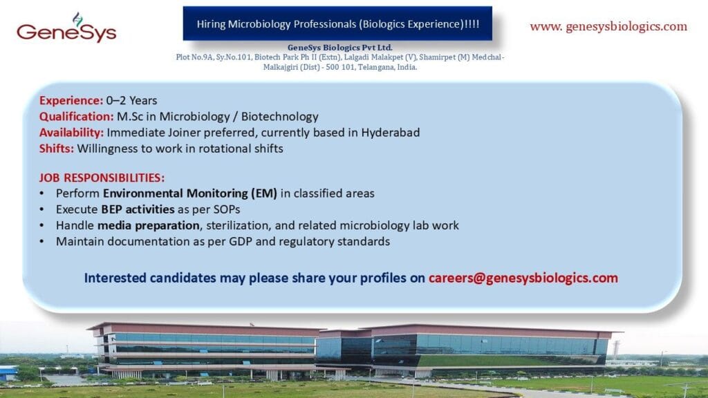 GeneSys Biologics Hiring Microbiology Professionals – Apply Now in Hyderabad