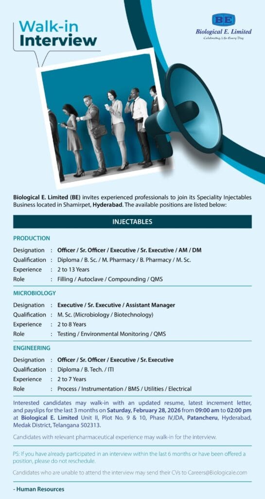 Biological E. Limited Walk-in Interview