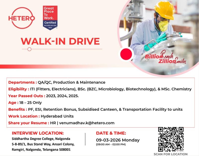 Hetero walk-in drive 2026 QA QC production jobs Hyderabad