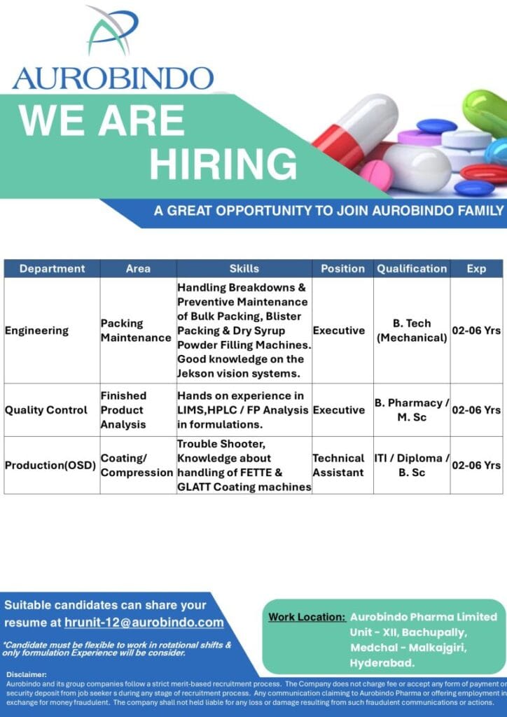 The Aurobindo Pharma Walk-In Interview 2026 offers a valuable opportunity for professionals looking to build a career in the pharmaceutical manufacturing industry.