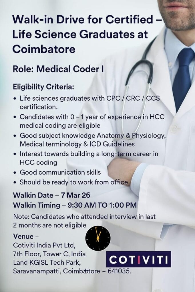 Medical Coder Walk-in Drive in Coimbatore 2026 – Cotiviti Hiring Certified Life Science Graduates