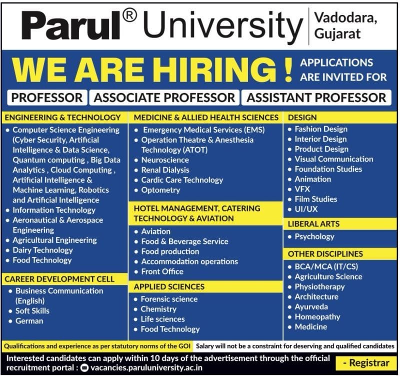 Parul University recruitment 2026 professor associate assistant professor jobs