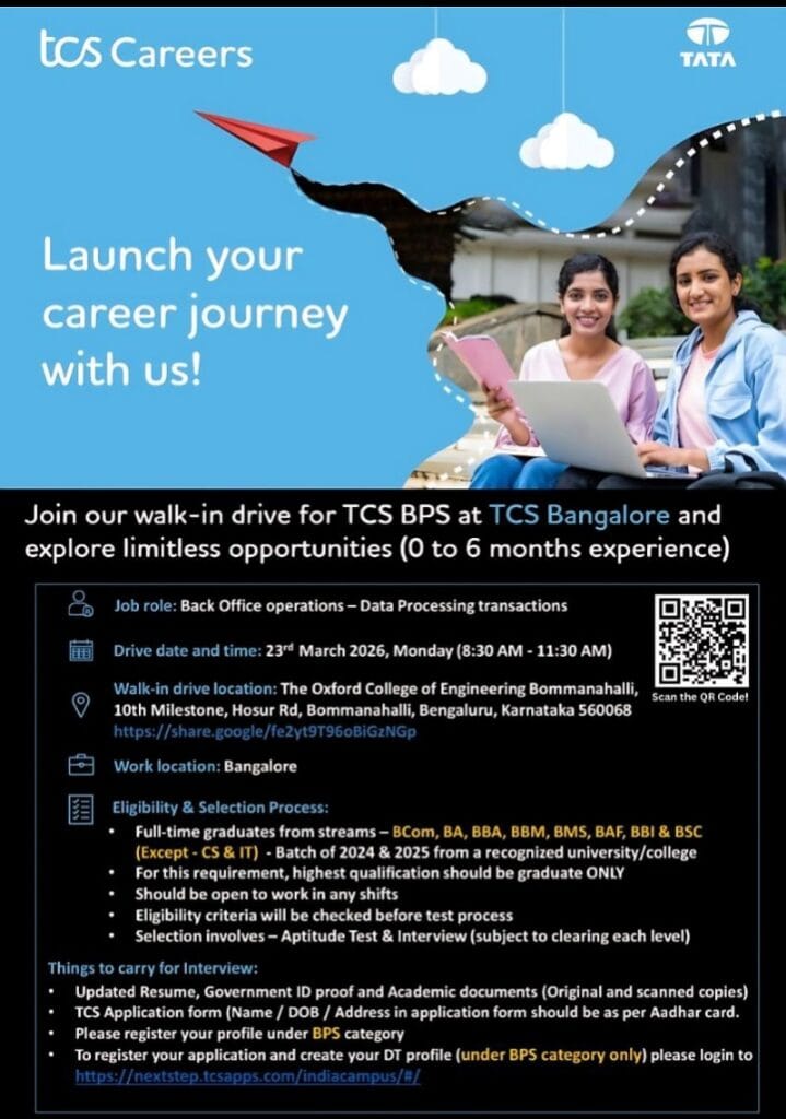 TCS BPS Walk-in Drive 2026 in Bangalore for Fresh Graduates